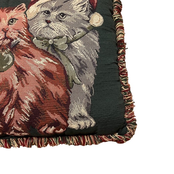Vintage Christmas Cats Kittens Needlepoint Tapestry Frayed Border Holiday Pillow - Picture 10 of 16